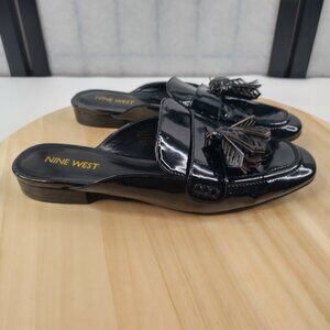Nine West Xstatic Black Patent Loafer Mule Flats w/ Tassels Women US 6M